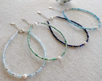 Delicate Gemstone & Pearl Stacking Bracelets – Sterling Silver Beaded Bracelets – Minimalist Dainty Jewelry