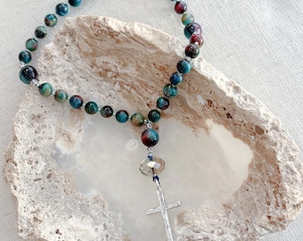 Anglican Prayer Beads, Galaxy Tiger Eye Gemstones, Silver Cross, Christian Devotional Aid