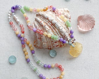 Lampwork Glass Long Necklace: Quartz, Czech Glass, Sand Dollar Pendant