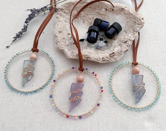 Custom Blend Aromatherapy and Carved Crystal Fluorite Lightning Bolt Car Accessory or Sun Catcher, Rear View Mirror Charm, Diffuser Charm