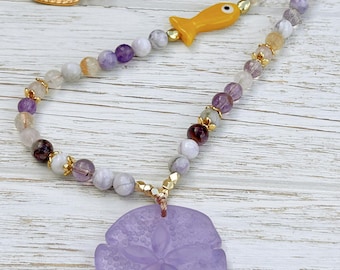Gemstone Sand Dollar Pendant Necklace: Amethyst, Quartz & Lampwork Fish