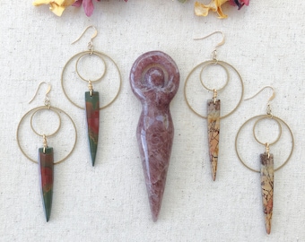 Red Creek Jasper Goddess Dagger Earrings, Gemstone Jewelry, Boho Style, Calming Jewelry, Multiple Choices, Boho Jewelry, Geometric Earrings