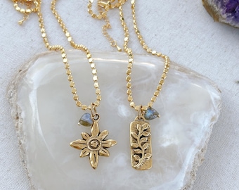 Gold Bead Chain Necklace: Labradorite Heart & Floral Charms