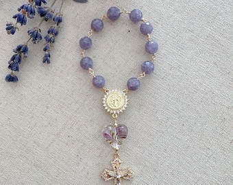 Lepidolite Pocket Rosary, St Benedict Medal, Crystal Heart, Catholic Prayer Beads