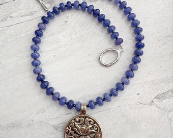 Tibetan Silver Lotus Pendant with Jade and Czech Glass, Short style necklace