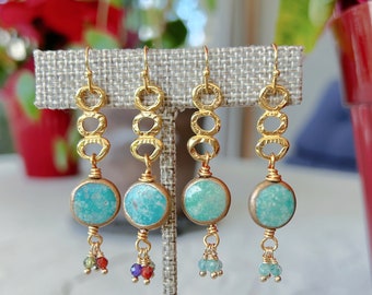 Geometric Links with Turquoise Coins and Zircon Drops, Beaded Earrings, Gold Link Earrings, Turquoise Boho Earrings with Sparkle, Gift