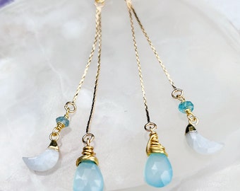 Aqua Chalcedony and Moonstone Crescent Moon Long Earrings, Gift, Delicate Earrings,