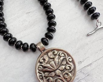 Tibetan Silver Lotus Pendant with Black Jade and Silver, Short style necklace