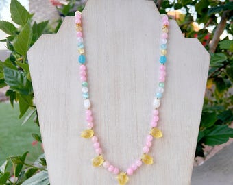 Lemon Czech Glass Necklace with Rainbow Selenite & Jade – Pastel Beaded Jewelry
