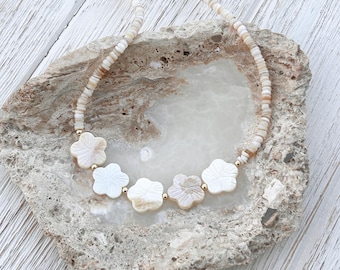 Beachy Boho Shell Flower Necklace: Neutral Heishi Beads, Gold Accents