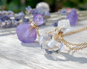 Crystal Perfume Bottle Petite Vial Necklace, Crystal Jewelry, Love Potion Bottle, Perfume Vial Bottle, Essential Oil Diffuser Pendant