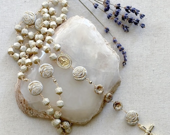 Cream Rose Rosary – Gold Tone Floral Catholic Devotional Beads – First Communion Gift