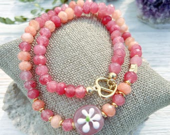Hand Knotted Jade Necklace: Lampwork Daisy Bead, Boho Gemstone