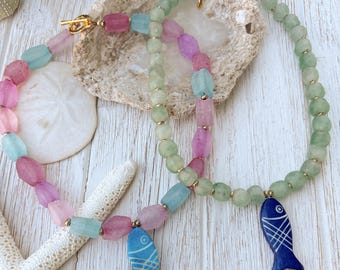 Recycled Sea Glass Necklace with Hand Carved Bone Fish Pendant | Coastal Boho Beaded Jewelry