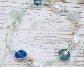 Freshwater Pearl Anklet: Recycled African Glass, Adjustable Boho Beach Style