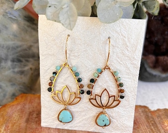 Hubei Turquoise Lotus Flower Earrings: Gold Boho Dangle Earrings