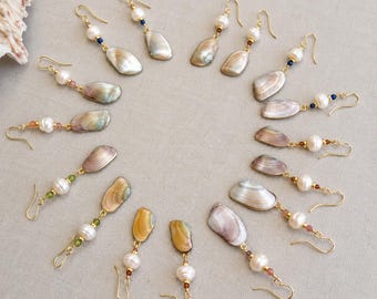 14K Gold Filled Shell Pearl Earrings | Coastal Gemstone Dangle Earrings | Freshwater Pearl Jewelry | Beach Boho Handmade Earrings