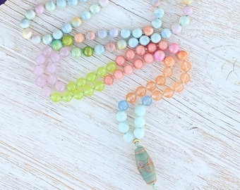 Hand Knotted Alashan Agate Mala: Jade & Venetian Glass Boho Necklace
