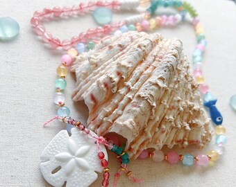 Hand Knotted Rainbow Selenite Necklace: Lampwork Glass Sand Dollar Pendant