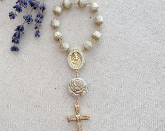 New Beginnings White Czech Glass Pocket Rosary, St Benedict Medal, Catholic Decade Prayer