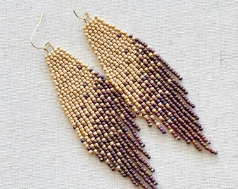Copper Twilight Fall inspired beaded fringe earrings, Long beaded earrings, Brick Stitch earrings, Starlight gold