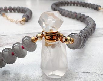 Crystal Quartz Perfume Bottle Necklace – Boho Refillable Crystal Pendant