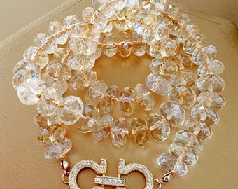 Hand Knotted Faceted Citrine Necklace with Micro Pave Clasp | Gemstone Statement Short Necklace