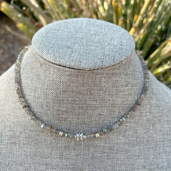 Labradorite & Hill Tribe Sterling Silver Short Style Necklace, OOAK, Gift, Genuine Labradorite Necklace, Dainty Necklace, Flashy Labradorite