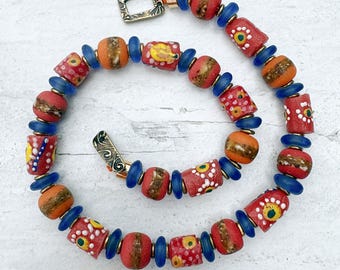 African Krobo Bead Necklace | Java Glass & Brass Boho Statement Necklace