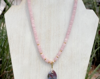 Rose Quartz Beaded Necklace with Gemstone Fish Pendant – Pastel Ocean Jewelry