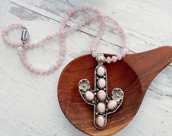 Tibetan Silver Cactus Pendant Necklace, Pink Jade Beads, Removable Pendant, Boho Jewelry