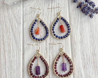 Gemstone Teardrop Earrings | Lapis and Carnelian Statement Earrings | Garnet and Amethyst Wire Wrapped Boho Jewelry