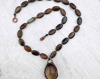 Bronzite Beaded Necklace with Electroplated Smoky Quartz Pendant | Earthy Boho Statement Jewelry