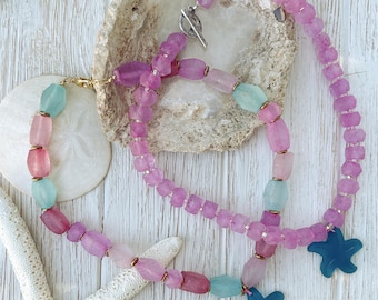 Recycled Sea Glass Starfish Necklace | Pink Aqua Coastal Beaded Jewelry