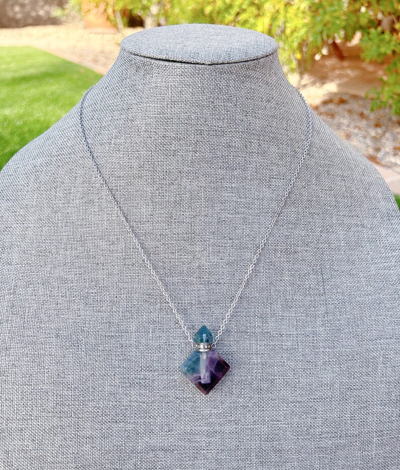 Crystal Perfume Bottle Necklace, Crystal Jewelry, Love Potion Bottle, Perfume Vial Bottle, Essential Oil Diffuser Pendant, Rainbow Fluorite image 7