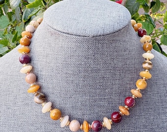 Mookaite & Honey Jade Knotted Necklace | Gemstone Statement Short Necklace | Earth Tone Boho Jewelry