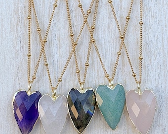 Gemstone Heart Pendant Necklace, 18K Gold Satellite Chain