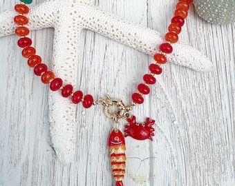 Gemstone Beaded Necklace with Enamel Fish Charm | Coastal Ocean Jewelry