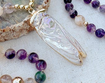 Ametrine Beaded Mala Necklace: Cicada Pendant, Hand Knotted Boho Jewelry
