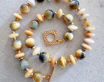 Golden Blue Tiger Eye Honey Jade Necklace | Hand-Knotted Boho Statement Jewelry