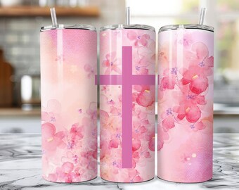 Pink Floral Cross Tumbler Wrap PNG, Christian Design (Digital)
