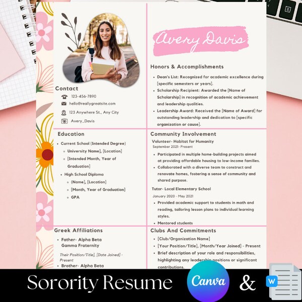 Sorority Resume Template Word + Google Docs Rush Resume Template, Sorority Rush Resume Word, Resume for Sorority Recruitment Pack, Social Cv