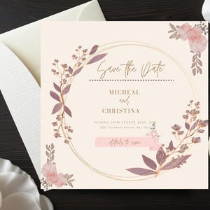 Tarjeta para guardar la fecha del lugar con OPCIONES PERSONALIZADAS, INFORMACIÓN sobre el lugar de la boda, elegante diseño floral, pintura, dibujo, tarjetas para guardar la fecha