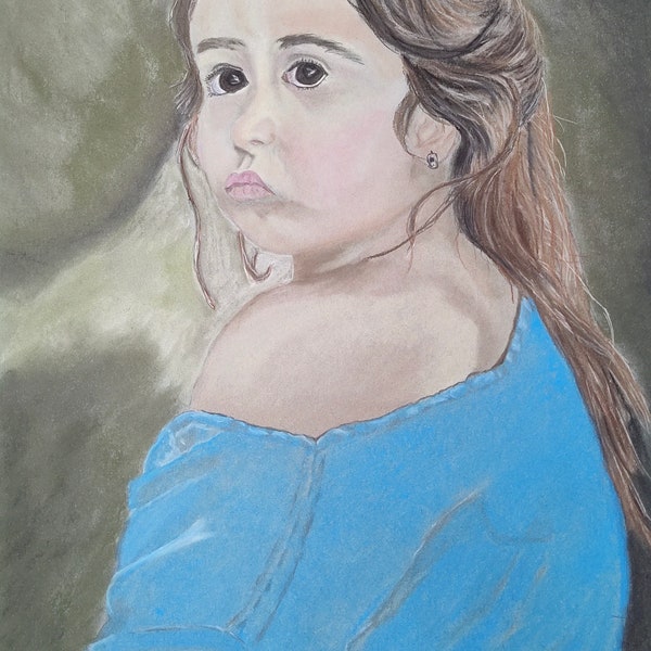 Portrait of a little girl, portrait of a little girl in pastel, sad little girl, pretty girl, in a blue dress,