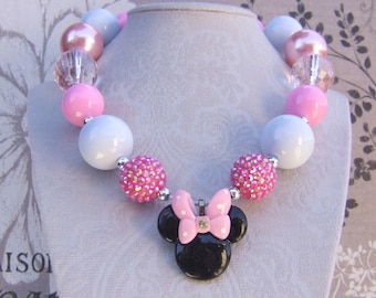 Pale Pink Minnie Mouse Chunky Bead Necklace: Girls Gumball Necklace