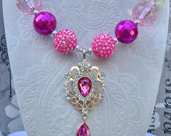 Princess Rhinestone Pendant Necklace: Chunky Gumball Bead, Girls Jewelry