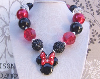 Minnie Mouse Pendant Necklace: Red & Black Chunky Bead Children's Jewelry