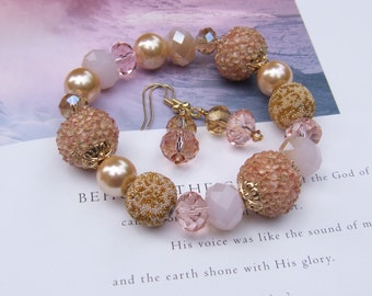 Soft Petal Pink Chunky Bead Bracelet & Earring Set