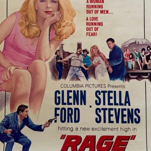 May include: Vintage movie poster for "Rage" featuring Glenn Ford and Stella Stevens. The poster has a woman in a pink dress, a man pointing a gun, and text that reads "A Man Running Out of Time..." and "RAGE."