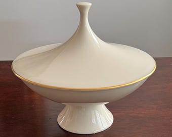 Vintage Lenox Midcentury Ivory and Gold Space Age Pedestal Covered Candy Dish
